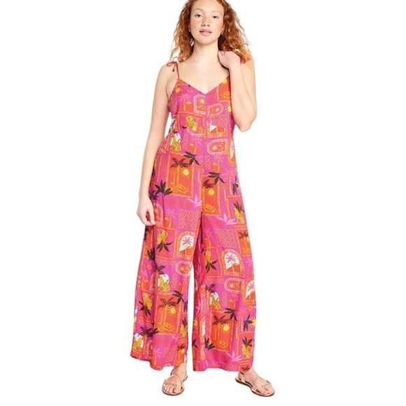 Old Navy Pants - Old Navy Tropical Print Tie Strap Wide Leg Jumpsuit